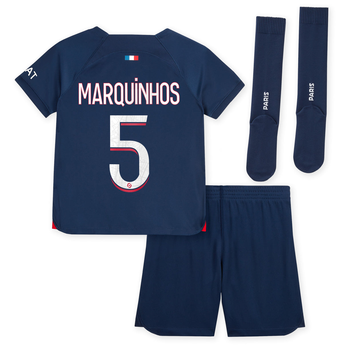 Paris Saint-Germain Nike Home Stadium Kit 2023-24 - Little Kids with Marquinhos 5 printing - Kit Captain