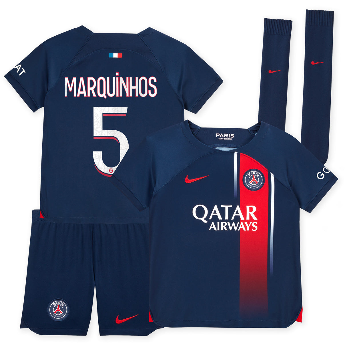 Paris Saint-Germain Nike Home Stadium Kit 2023-24 - Little Kids with Marquinhos 5 printing - Kit Captain