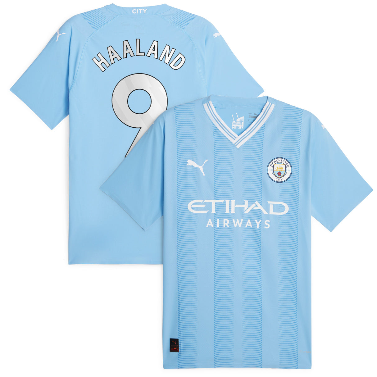 Manchester City Puma Home Authentic Shirt 2023-24 with Haaland 9 printing - Kit Captain