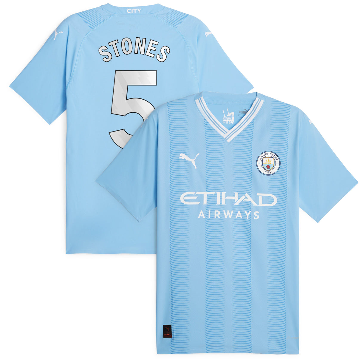 Manchester City Puma Home Authentic Shirt 2023-24 with Stones 5 printing - Kit Captain