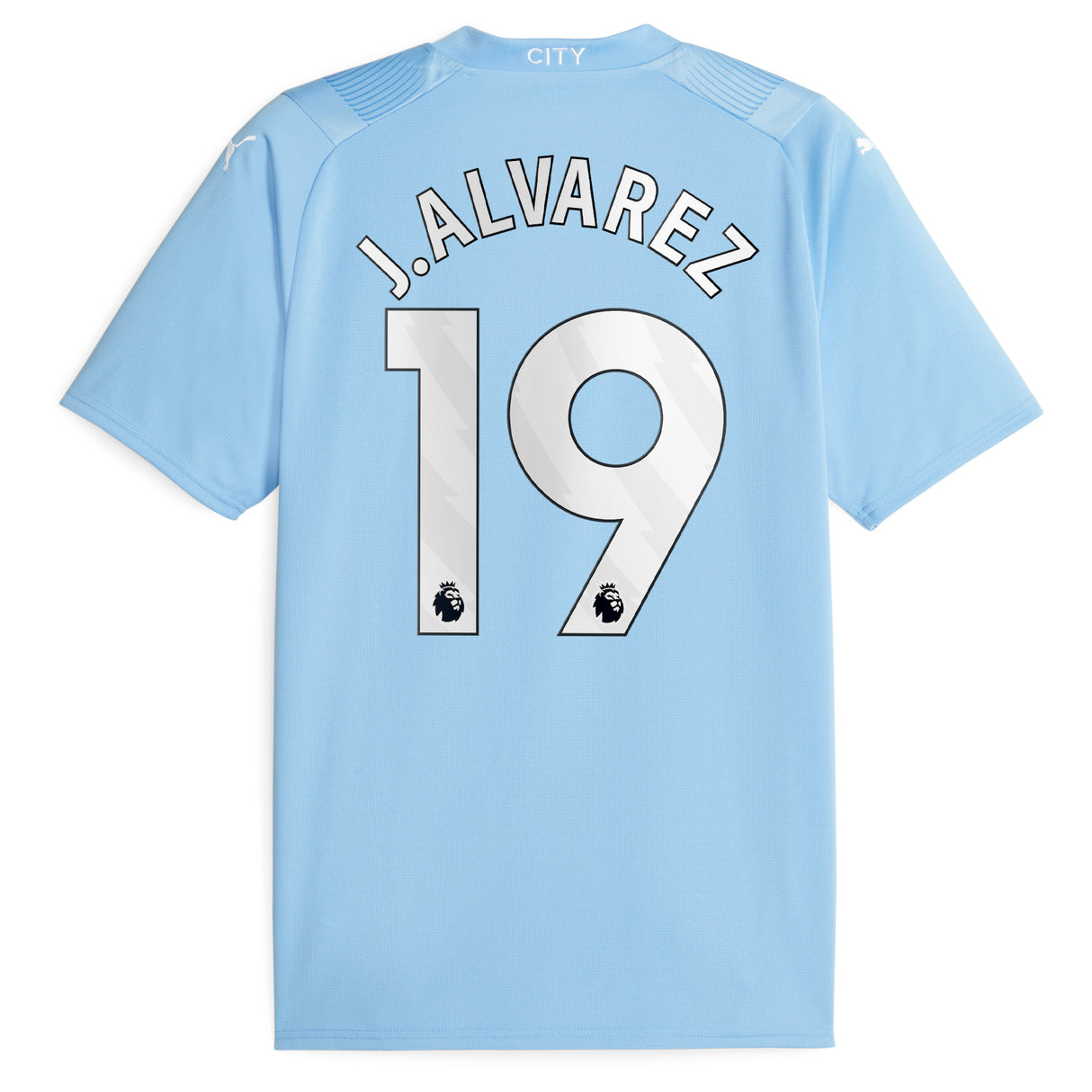 Manchester City Puma Home Shirt 2023-24 with J.Alvarez 19 printing - Kit Captain