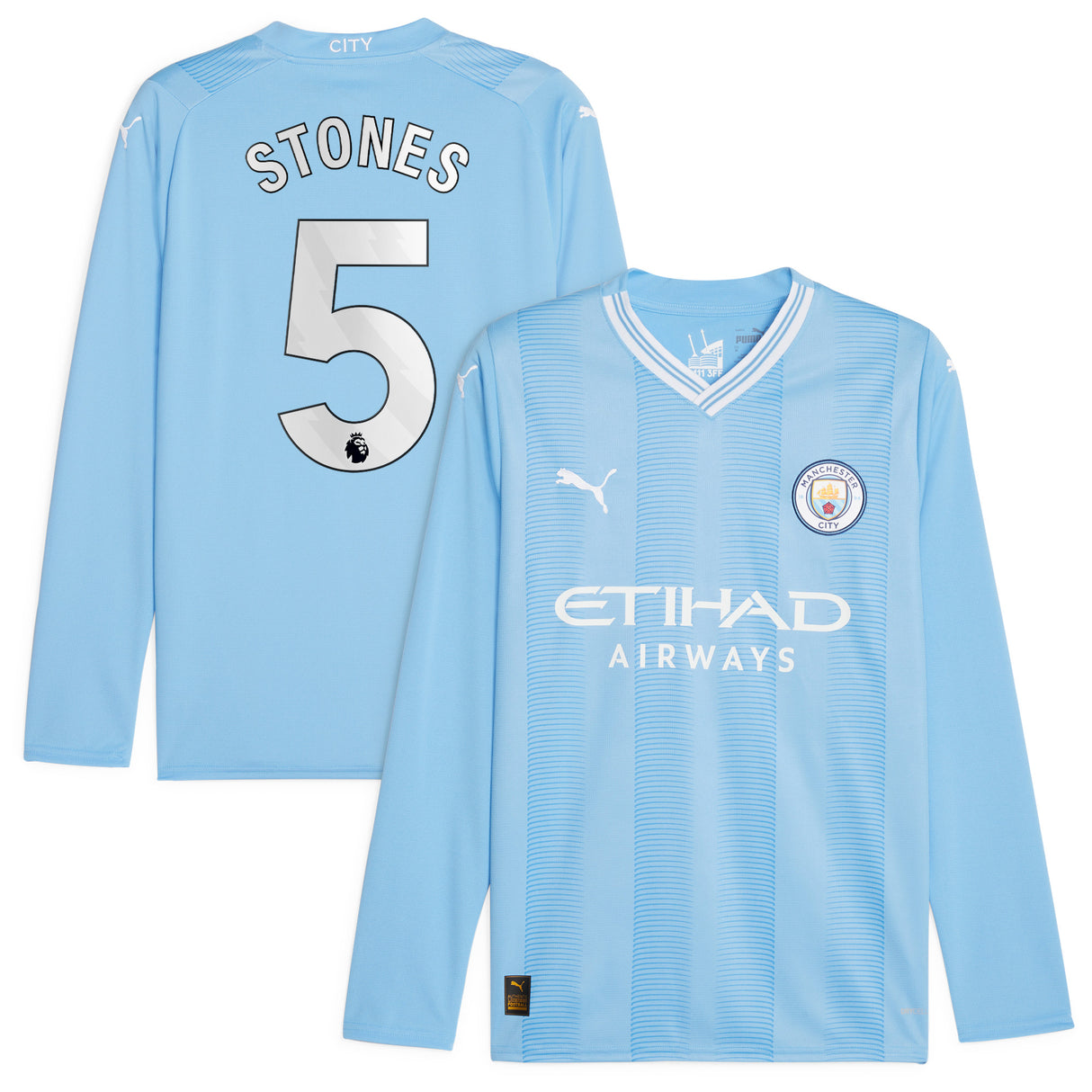 Manchester City Puma Home Shirt 2023-24 - Long Sleeve with Stones 5 printing - Kit Captain