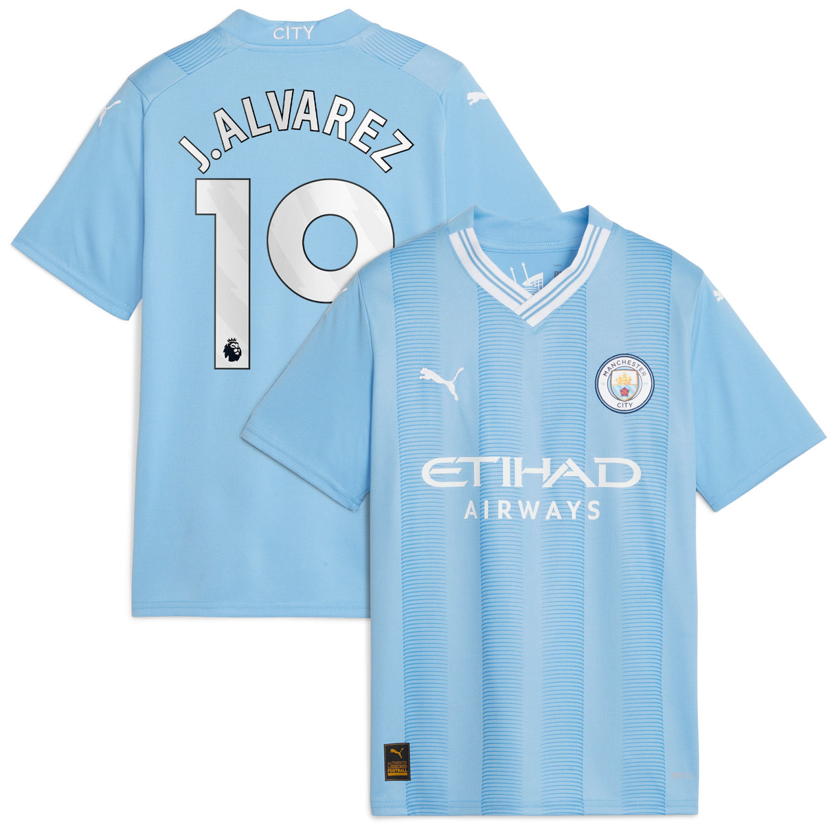 Manchester City Puma Home Shirt 2023-24 - Kids with J.Alvarez 19 printing - Kit Captain