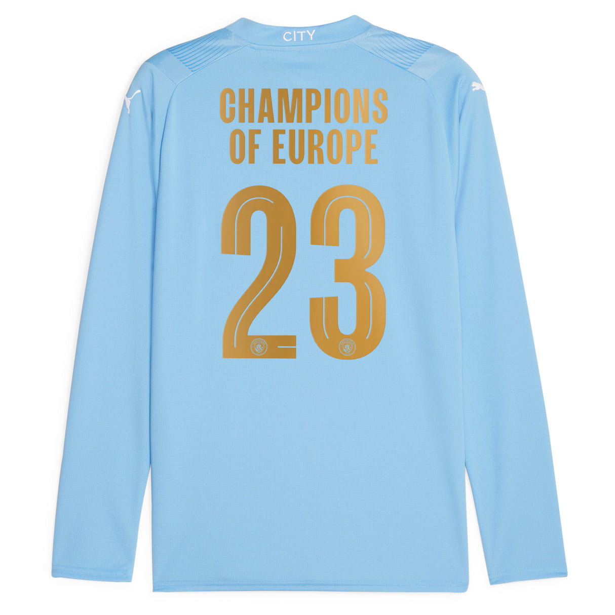 Manchester City Puma Home Shirt 2023-24 - Long Sleeve with Champions of Europe 23 printing - Kit Captain