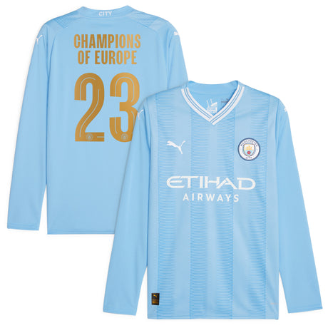 Manchester City Puma Home Shirt 2023-24 - Long Sleeve - Kids with Champions of Europe 23 printing - Kit Captain