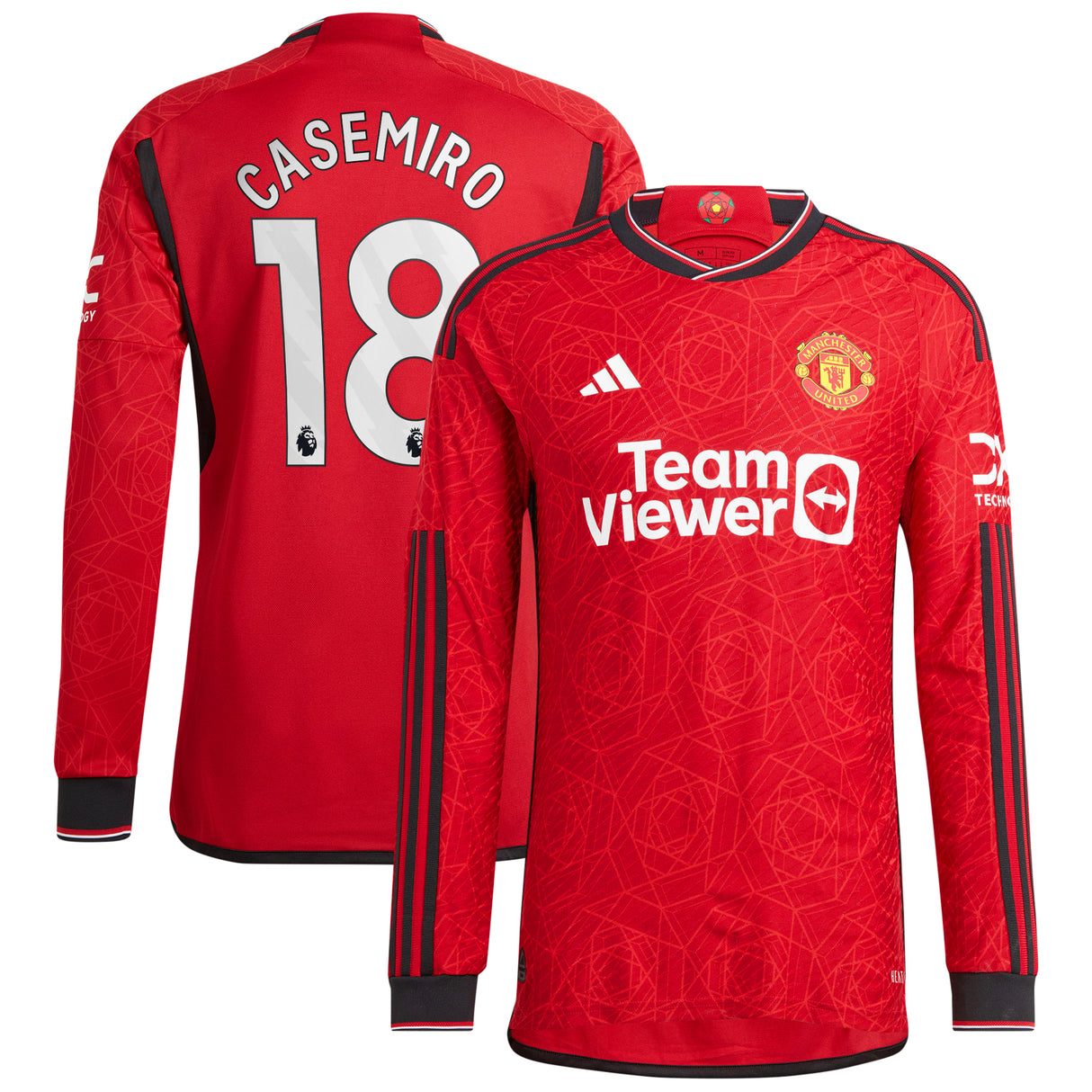 Manchester United EPL adidas Home Authentic Shirt 2023-24 - Long Sleeve with Casemiro 18 printing - Kit Captain