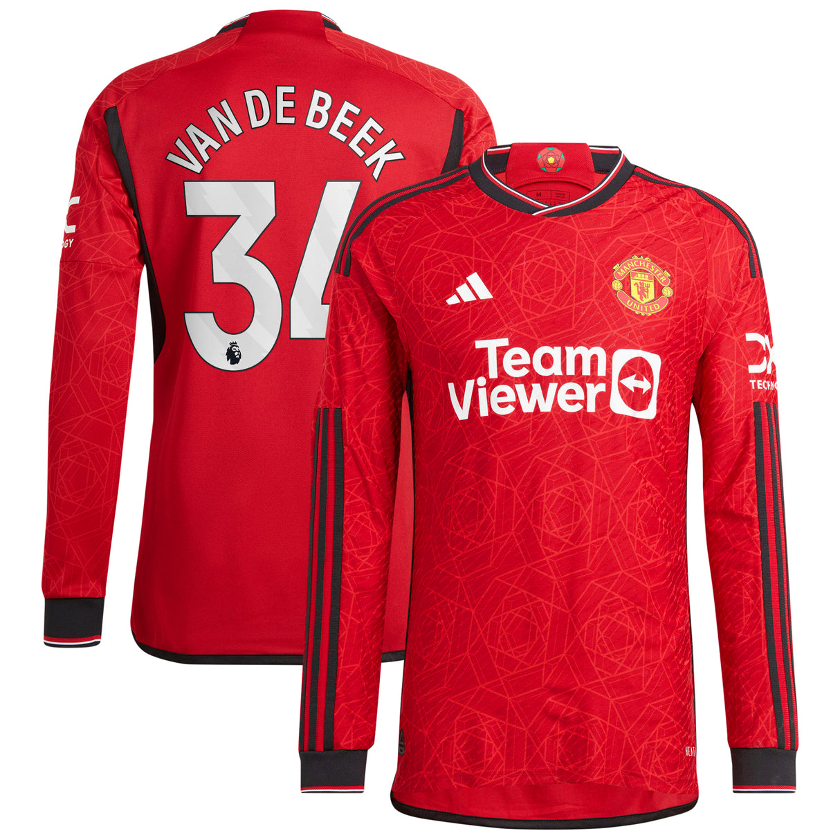 Manchester United EPL adidas Home Authentic Shirt 2023-24 - Long Sleeve with Van De Beek 34 printing - Kit Captain