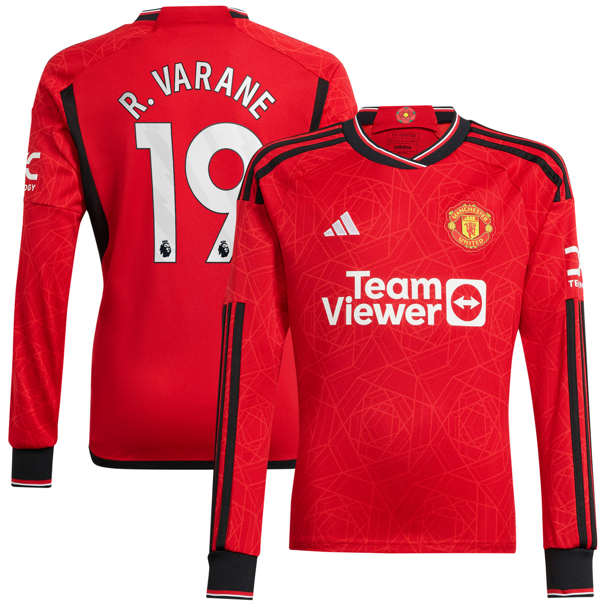 Manchester United EPL adidas Home Shirt 2023-24 - Kids - Long Sleeve with R. Varane 19 printing - Kit Captain