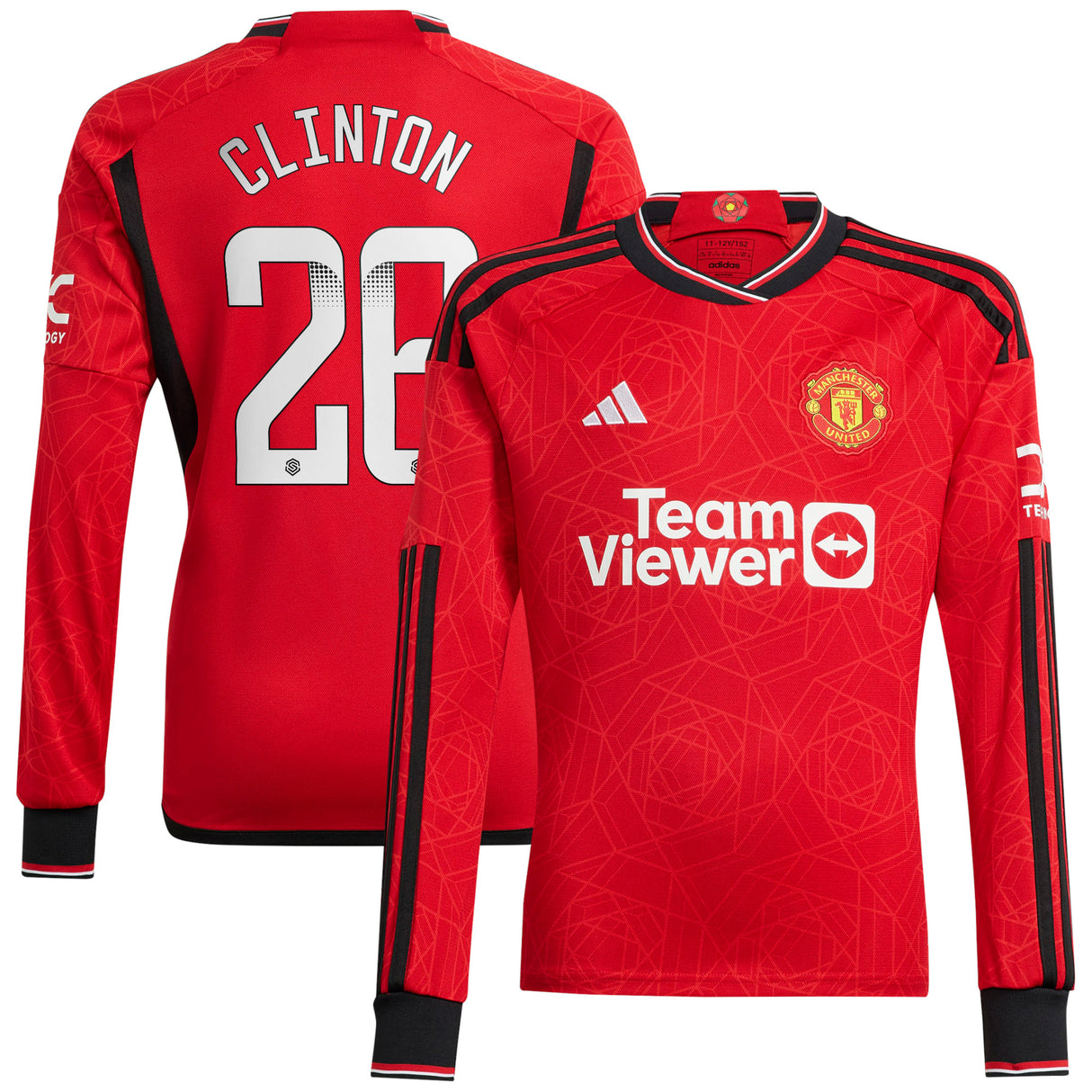 Manchester United WSL adidas Home Shirt 2023-24 - Kids - Long Sleeve with Clinton 26 printing - Kit Captain