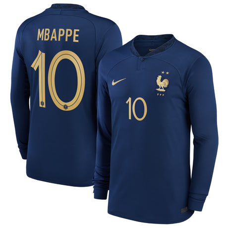 France Home Stadium Shirt Long Sleeve 2022 - Kids - Kylian Mbappé 10 - Kit Captain