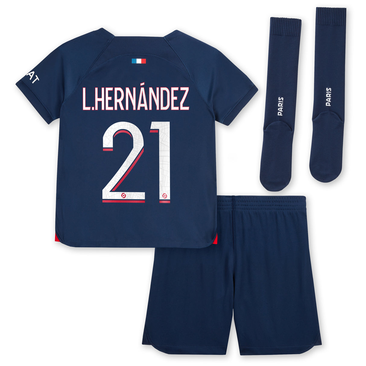 Paris Saint-Germain Nike Home Stadium Kit 2023-24 - Little Kids with L.Hernández 21 printing - Kit Captain