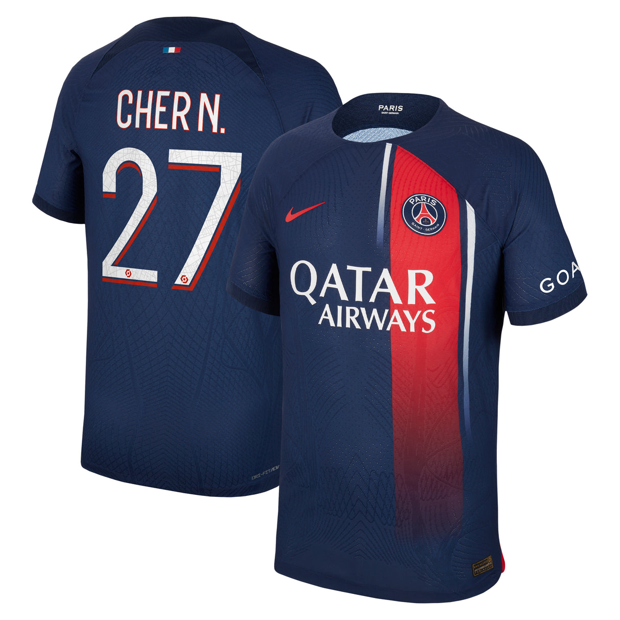 Paris Saint-Germain Nike Home Dri Fit Adv Match Shirt 2023-24 with Cher N. 27 printing - Kit Captain