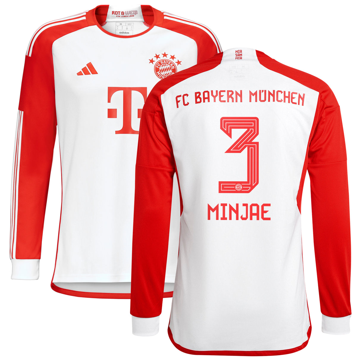 FC Bayern adidas Home Shirt 2023-24 - Kids - Long Sleeve - With Minjae 3 Printing - Kit Captain