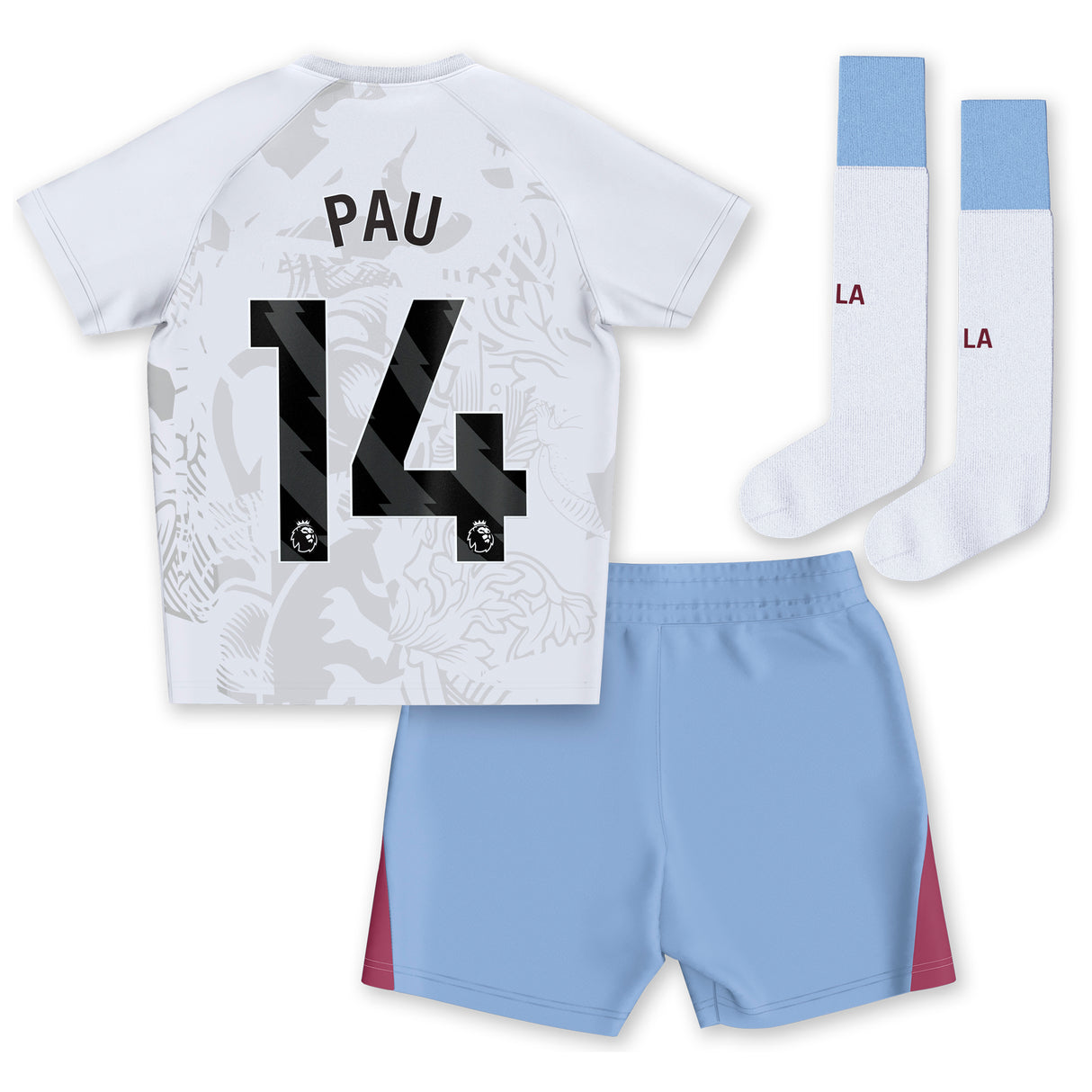 Aston Villa Away Infant Kit 2023-24 with Pau 14 printing - Kit Captain