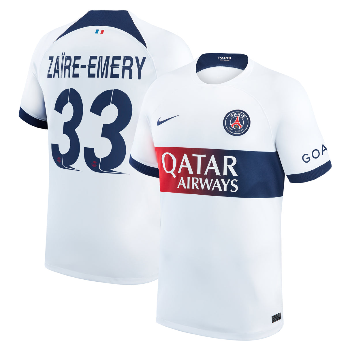 Paris Saint-Germain Nike Away Stadium Shirt 2023-24 with Champions League printing Zaïre-Emery 33 - Kit Captain