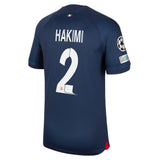 PSG Nike Home Stadium Shirt 2023-24 with Hakimi 2 and Champions League printing and badges - Kit Captain