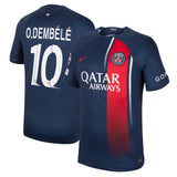 PSG Nike Home Stadium Shirt 2023-24 with O.Dembélé 10 and Champions League printing and badges - Kit Captain