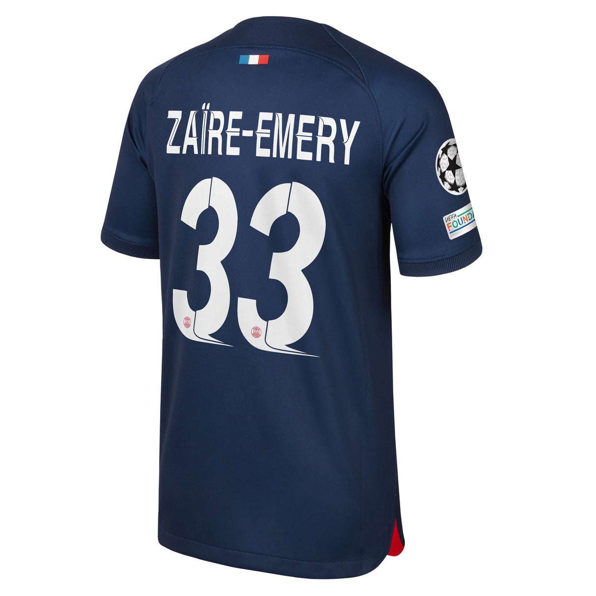 PSG Nike Home Stadium Shirt 2023-24 - Kids with ZaÃ¯re-Emery 33 and Champions League printing and badges - Kit Captain