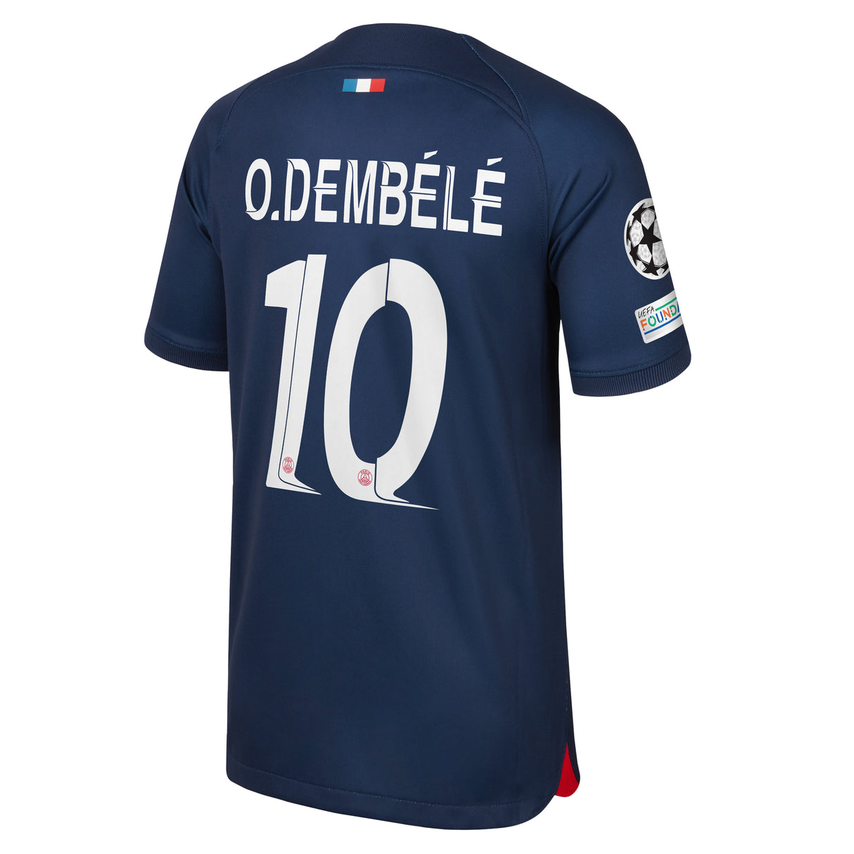 PSG Nike Home Stadium Shirt 2023-24 - Kids with O.Dembélé 10 and Champions League printing and badges - Kit Captain