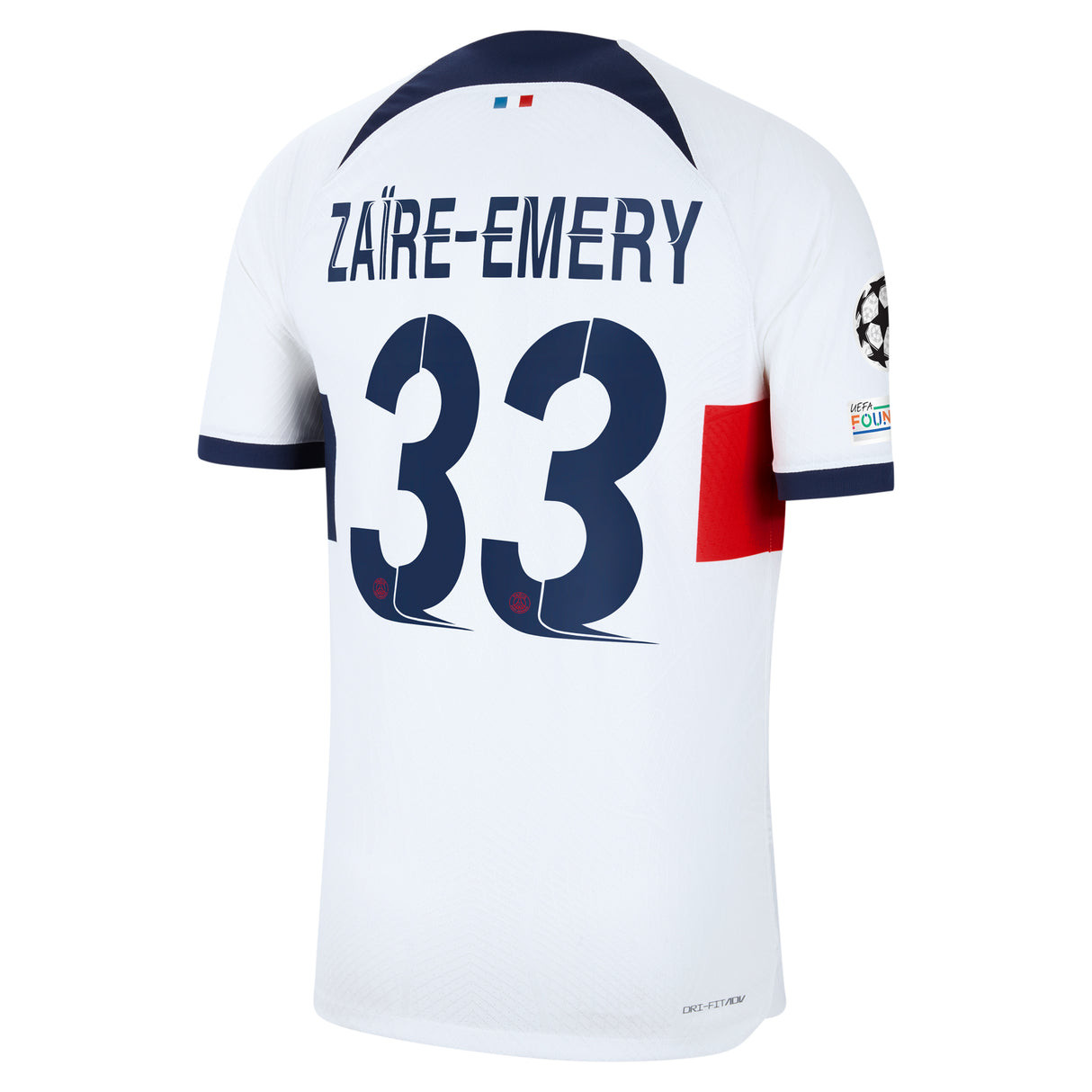 PSG Nike Away Dri-FIT ADV Match Shirt 2023-24 with Zaïre-Emery 33 and Champions League printing and badges - Kit Captain