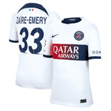 PSG Nike Away Stadium Shirt 2023-24 - Kids with Zaïre-Emery 33 and Champions League printing and badges - Kit Captain