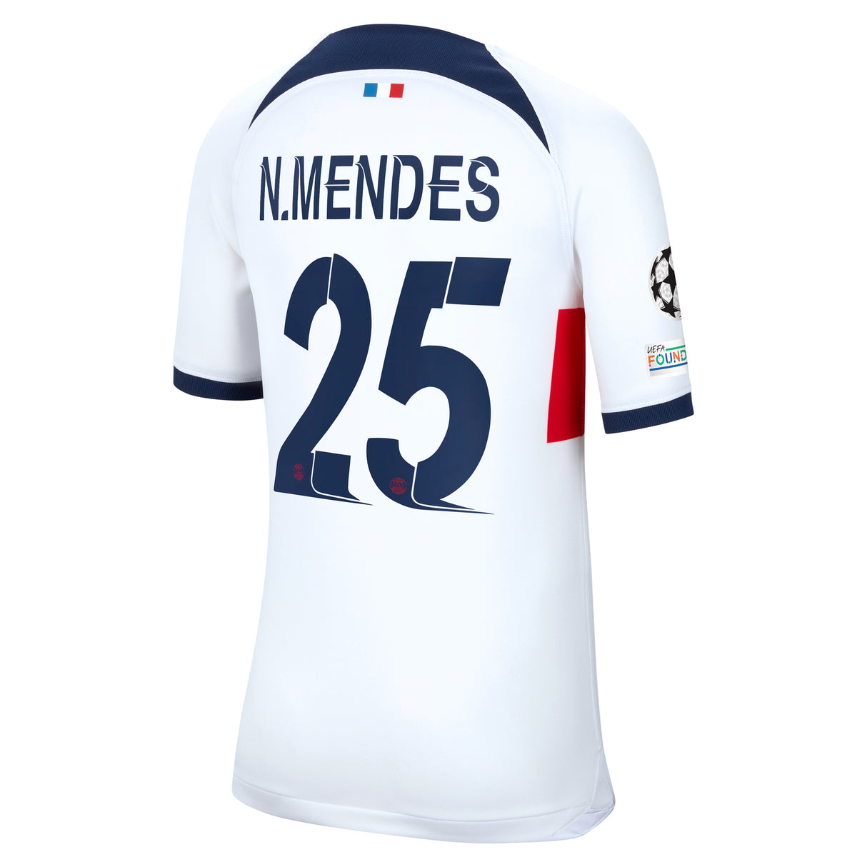 PSG Nike Away Stadium Shirt 2023-24 - Kids with N.Mendes 25 and Champions League printing and badges - Kit Captain