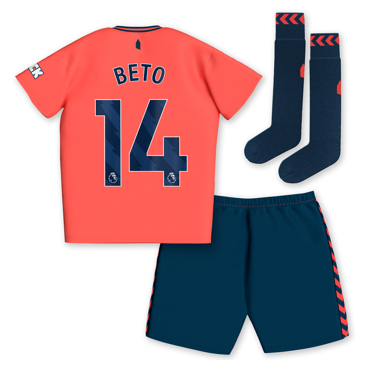 Everton Hummel Away Infant Kit 2023-24 with Beto 14 printing - Kit Captain