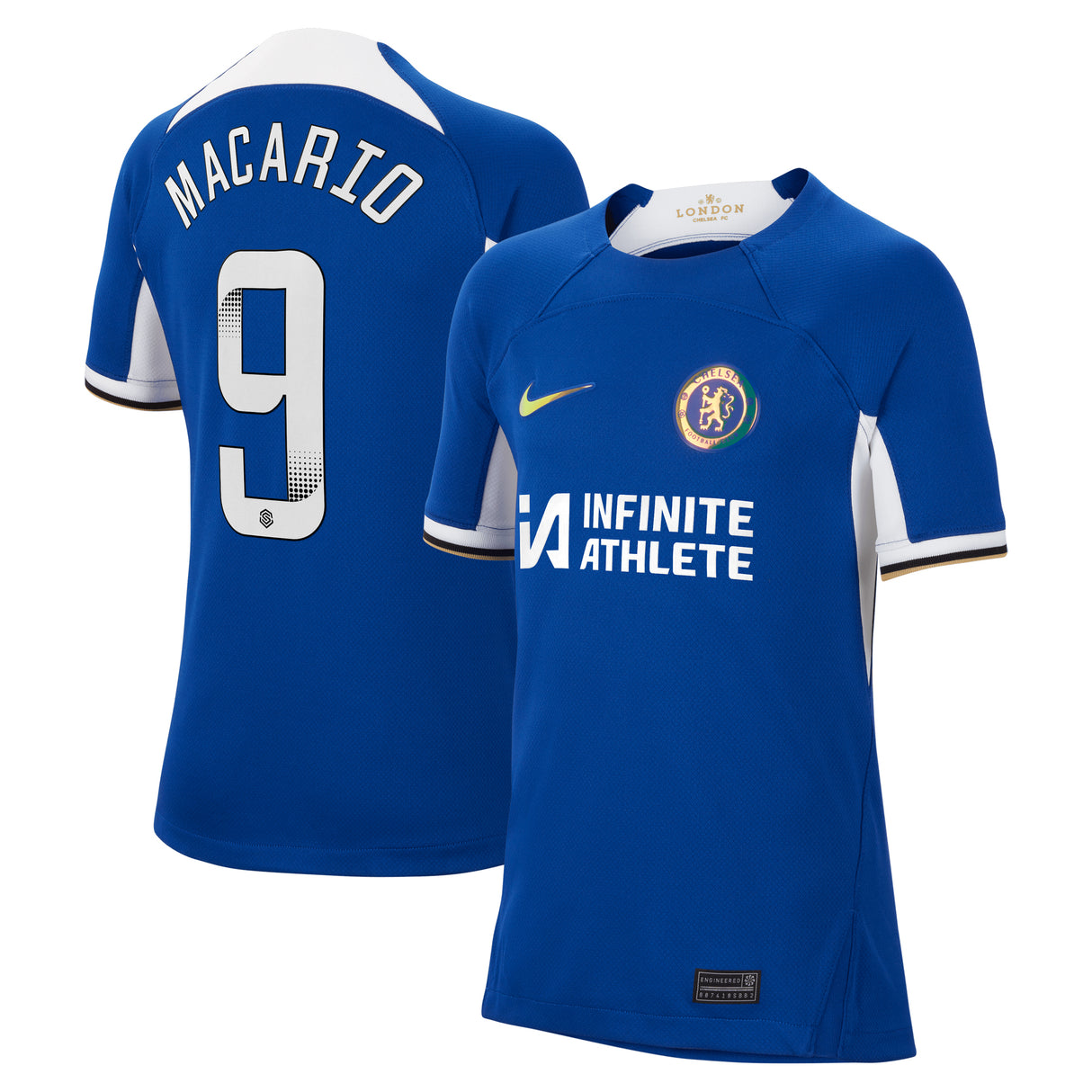 Chelsea WSL Nike Home Stadium Sponsored Shirt 2023-24 - Kids with Macario 9 printing