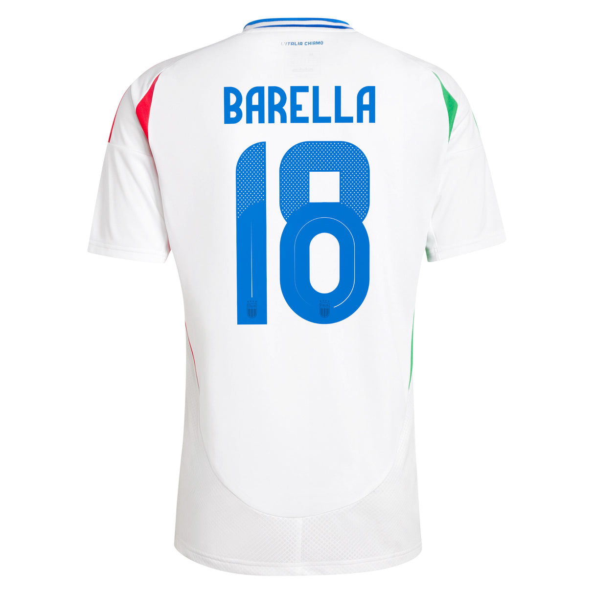 Italy adidas Away Shirt 2024 with Barella 18 printing